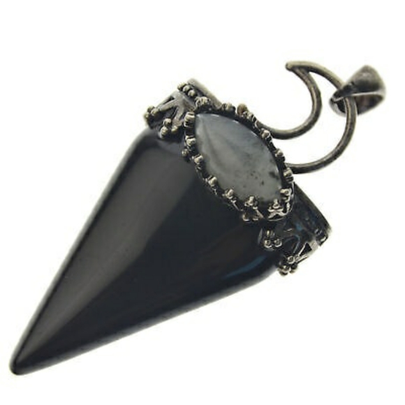 Obsidian and Labradorite Moon triangle point pendant with necklace - Picture 3 of 5